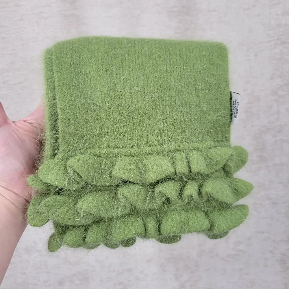 Angora Rabbit Fur Scarf in Spring Green with Ruffled Ends